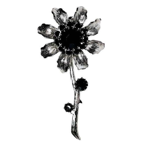 Flower Brooch Prong Set Black Crystal Silver Tone Dahlia Sunflower Daisy VTG EUC - Picture 11 of 11